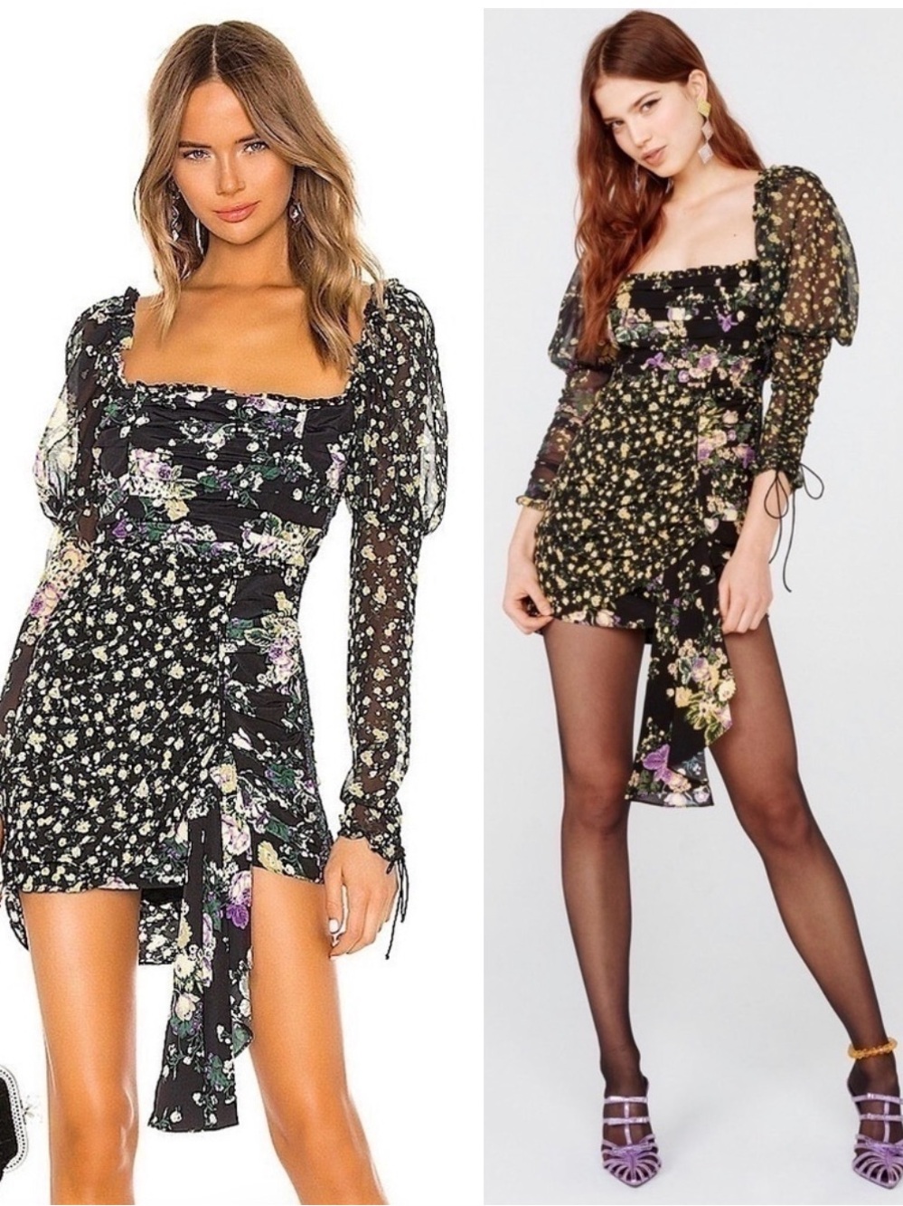 For Love & Lemons Black Floral Puff-Sleeve Mini Dress